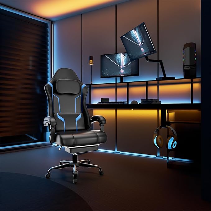 Gaming Chair with Pocket Spring Cushion &amp Footrest - Ergonomic Computer Chair with Adjustable Height Headrest &amp Swivel SeatFaux Leather Blue