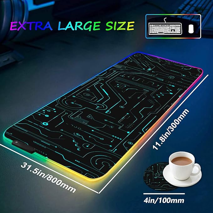 RGB Gaming Mouse Pad with Coffee Coaster XXL Large Glowing LED Mousepad Anti-Slip Rubber Base Computer Keyboard Desk Mouse Mat 31.5 X 11.8 Inch - Circuit Board Pattern