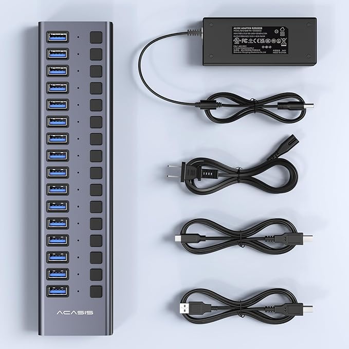 Powered USB 3.2 Hub ACASIS 16 Ports USB 3.2 Hub with 10Gbps Data SpeedAluminum Housing USB Hub Powered with 96W Power Adapter USB Hub for PC/Laptop Computer Flash Drive Printer Camera