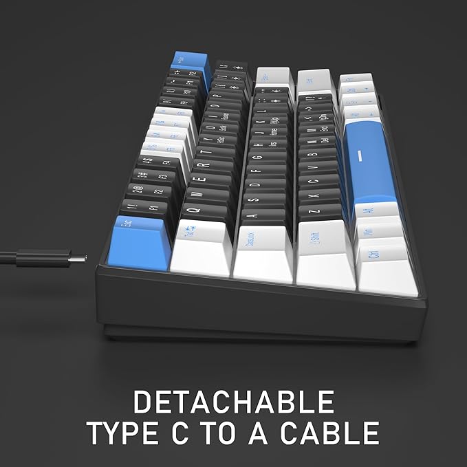 Camiysn 60% Mechanical Gaming KeyboardWhite Black Blue Keycaps Gaming Keyboard with Linear Red Switch Detachable Type-C Cable Mini Keyboard with Blue LED Light for Windows/Mac/PC/Laptop