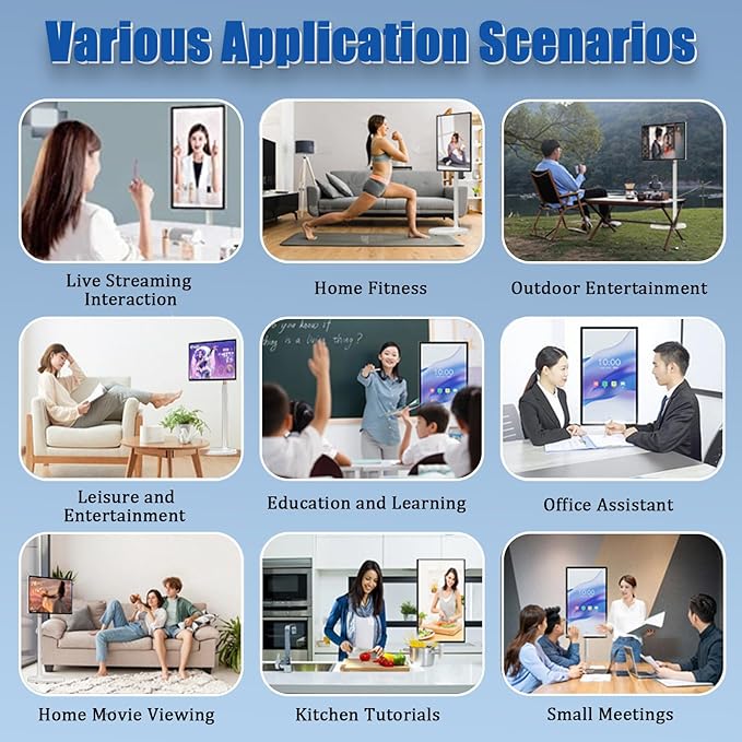 24 Inch Portable Smart Screen on Wheels Wireless Touch Monitor Android 12 Full-Motion Mount 1080P Touch Screen for Streaming Work and Multi-Purpose Use 6+128GB