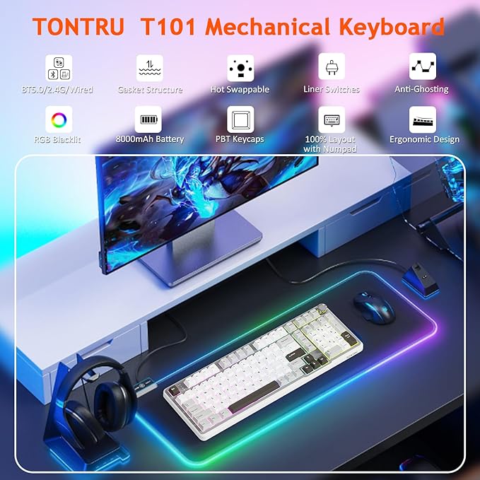 Wireless Mechanical Gaming Keyboard Tri-Mode Connectivity (Bluetooth 5.0/2.4GHz/USB-C) Hot-Swappable RGB Backlit101-Key Layout Keyboard with Volume Knob for PC Laptop Tablet