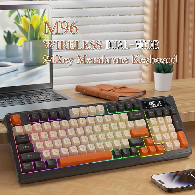 ZIYOU LANG M96 Wireless Gaming Silent Membrane KeyboardDisplay Screen &amp Knob with Multimedia Keys Dual Mode Bluetooth/2.4GhzRainbow Backlight 94Keys Ball Shape PBT Keycap ANSI Layout for Win/Mac