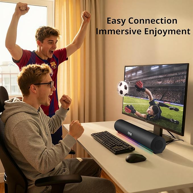 Computer Sound Bar with Detachable ENC Microphone Enhanced Bass Gaming Soundbar Bluetooth 6.0 USB-A Plug and Play PC and Bluetooth Mode 3EQ 10 RGB Speaker for Gaming MusicMeeting