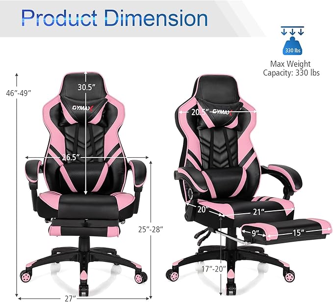 GYMAX Gaming Chair Ergonomic Computer Chair with Footrest Linkage Armrests &amp Lumbar Cushion Big Wide High Back Video Gaming Chair Reclining Office Rolling Chair for Adult/Teens (Pink)