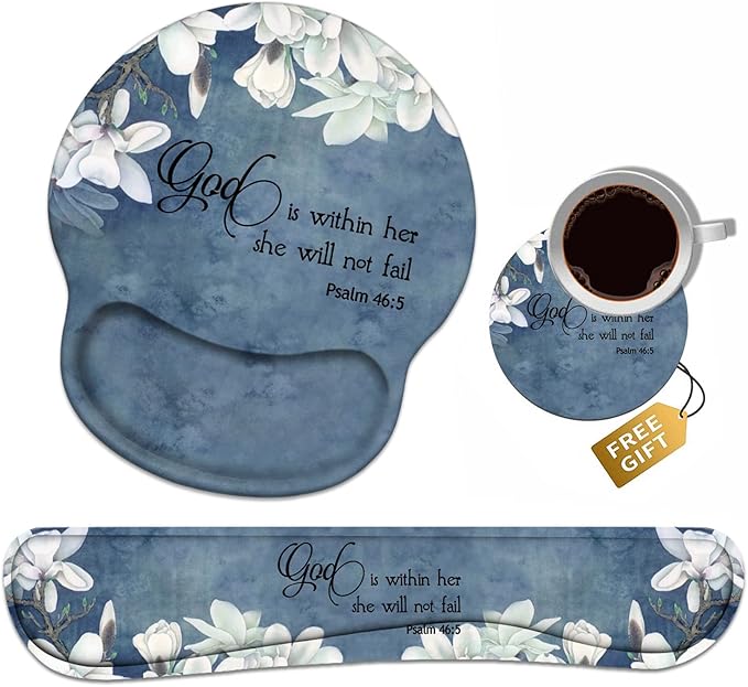 Keyboard Wrist Rest + Mouse Pad Wrist Support Set with Coasters Non-Slip PU Base Ergonomic Mousepad for Home Office Working Studying Easy Typing &amp Pain Relief Quote Bible Verses Psalm 46:5