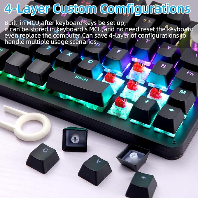Koolertron One Handed Mechanical Gaming Keyboard 45-Key Fully Programmable Mini Keypad Mini USB Macro Keyboard with Rotating Knob RGB Backlit Red Switches for Windows PC Gamers