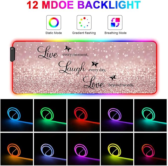 RGB Gaming Mouse Pad with Cup Coaster Large Glowing LED Mouse Pad Anti-Slip Rubber Base Computer Keyboard Desk Mouse Mat 31.5 X 11.8 Inch Quote Live Every Moment Laugh Every Day Love Beyond Words