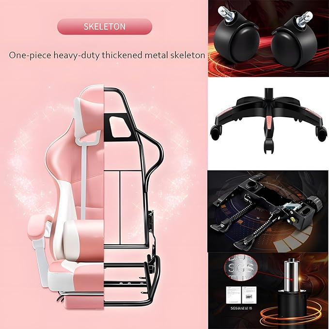 Ergonomic Gaming Chair with FootrestPu Leather Video Game Chairs for Adults 360°Swivel Adjustable Office ChairComfortable Game Lumbar Headrest Backrest RecliningPink+WhitePedals
