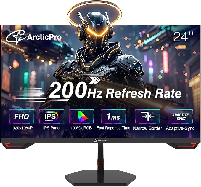 ArcticPro 24inch Gaming Monitor 200Hz 180Hz FHD 1080p IPS Panel 1ms Response Time Adaptive sync PC Computer Monitor 3-Sided Frameless Ultra Slim Bluelight Filter DP*1 HDMI*1