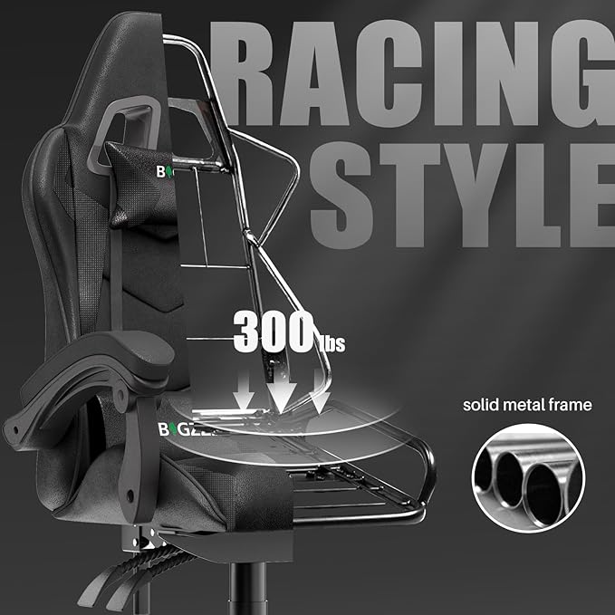 Bigzzia Gaming Chair Computer Chair with Lumbar Support Video Game Chairs for Adults Racing Style Gamer Chair with 360°-Swivel Seat and Headrest（Pure Black）