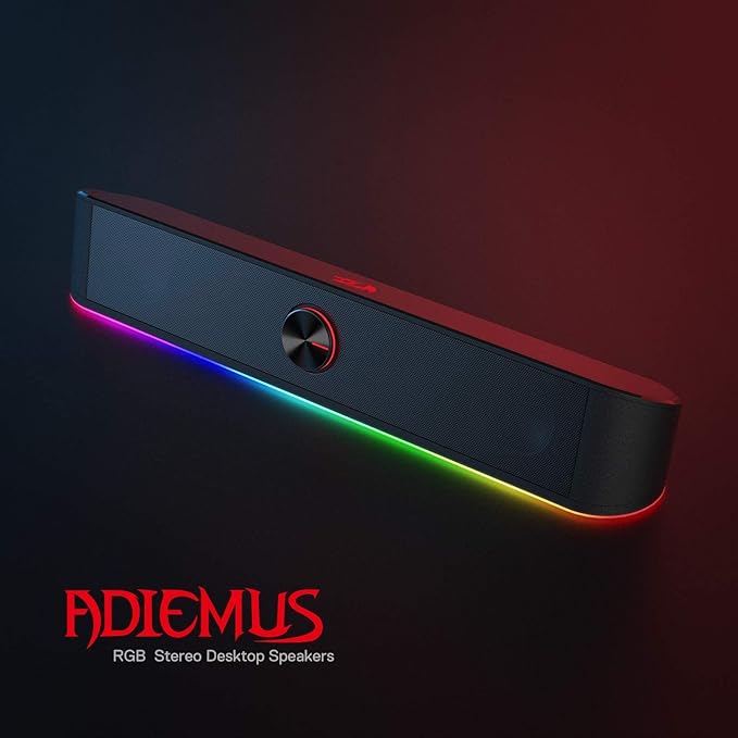 Redragon GS560 RGB Desktop Soundbar 2.0 Channel Computer Speaker with Dynamic Lighting Bar Audio-Light Sync/Display Touch-Control Backlit with Volume Knob USB Powered w/ 3.5mm Cable Black
