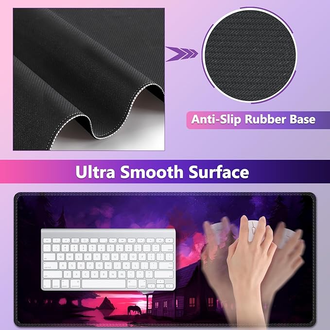 AIMSA Large Mouse Pad and Keyboard Wrist Rest Set Ergonomic Wrist pad for Keyboard and Mouse Mat 4 in 1 Mousepad with Wrist Support Computer Mat Village Evening Glow
