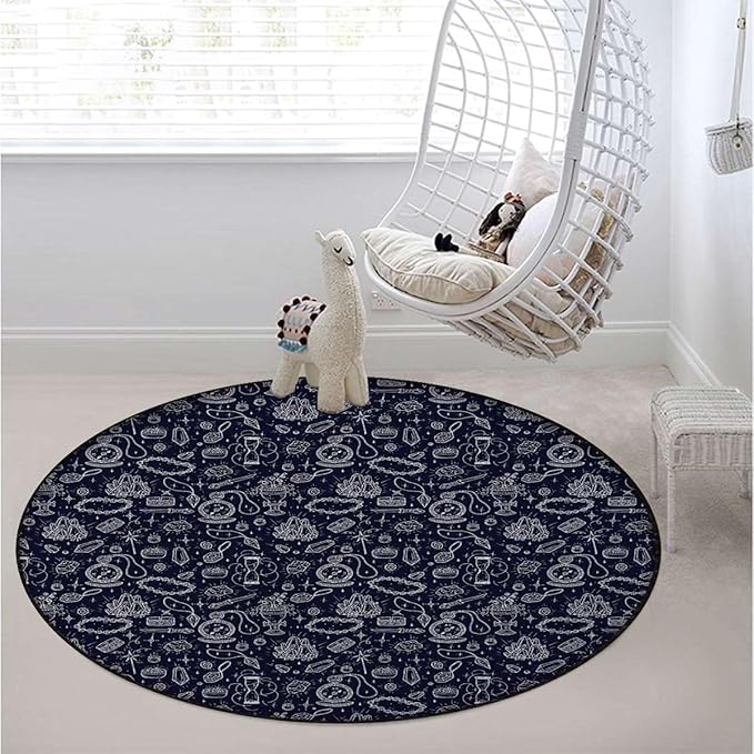 Dark Blue Non Slip Protective Floor Mat Multi-Purpose Low Pile Desk Chair Mat for Hardwood Floor Carpet Round Pattern Chair Flower Pattern with Foliage Leaf Branches Diameter 39.4 in