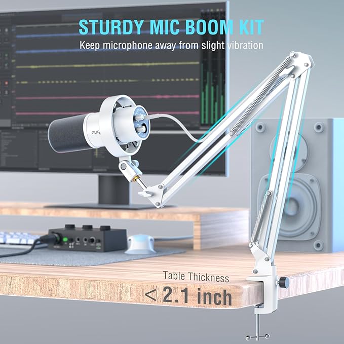 FIFINE Dynamic Microphone with Boom Arm Studio Vocal XLR Microphone Podcast USB Mic Kit for PC with Mute Button Volume Knob Headphone Jack for Streaming Recording-AmpliTank K688CT White