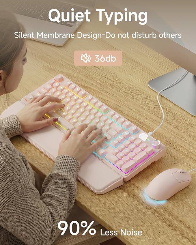 C98 Wired Keyboard and Mouse Combo Wired Computer Keyboards with Wrist Palm Double-Shot Keycaps Silent RGB Backlight Keyboard for Windows/MAC/PC (Creamy Pink)