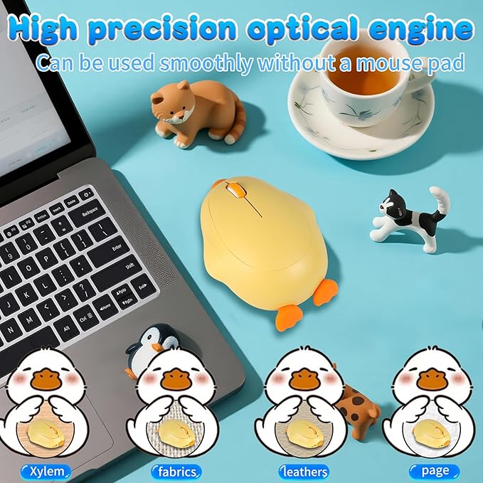 Cute Duck Bluetooth Wireless Mouse -RechargeableDual Mode Connection Silent Scroll Wheel 1600 DPI - Perfect for Laptops PCs and Tablets (Yellow)