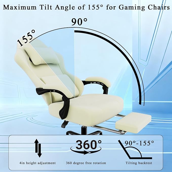 Ergonomic Gaming Chair Video Game Chair with Massage Lumbar Support and Footrest Height Adjustable Fabric Computer Chair with Pocket Spring Cushion (White)