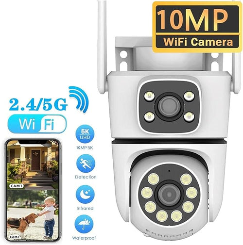 10MP Dual-Lens 5G WiFi Camera PTZ Outdoor 4K HD Dual Screen Home Security-Protection Camera Color Night Vision Surveillance(AU Plug8MP NO SD Card)