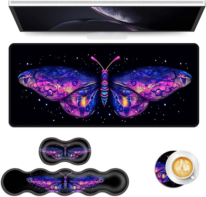 Keyboard Mouse Pad Set Extended Gaming Mouse Pad+Ergonomics Keyboard Wrist Rest Support Memory Foam Easy Typing Pain Relief 4Pcs XL Ultra Thick Desk MatNeon Galaxy Butterfly