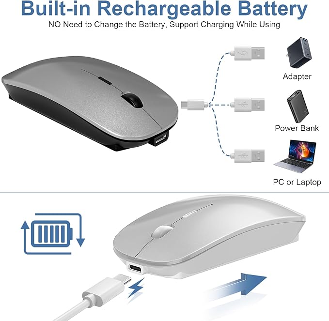 Wireless Bluetooth Mouse for Mac Air MacBook Pro Laptop PC Pad Optical Rechargeable Silent Mouse with Jiggler Mode Dual Mode Switch Bluetooth 5.2/3.0 and 2.4G USB-A &amp USB-C Receiver Silvery