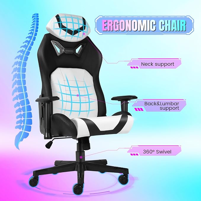DIKEP Gaming Chair Video Game Chair with Footrest Lumbar Support Headrest PU Leather High Back Computer Chair for Home Office White Black