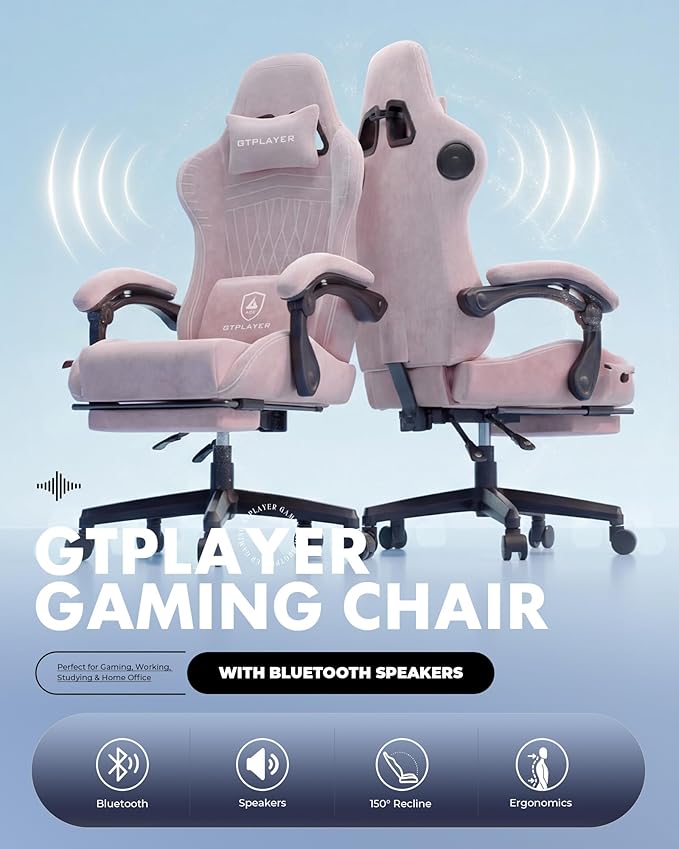 GTPLAYER Gaming Chair for Adults Ergonomic Video Game Chairs Footrest &amp Linkage Armrest Reclining High Back Silla Gamer with Speakers for Home Office Ace Pro Pink(Velvet)