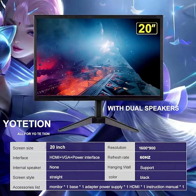 20 '' HD (1600 x 900) Monitor 60Hz with Audio Refresh Rate HDMI x1 Small Thin Monitor for laptops Computers and desktopsLED Display