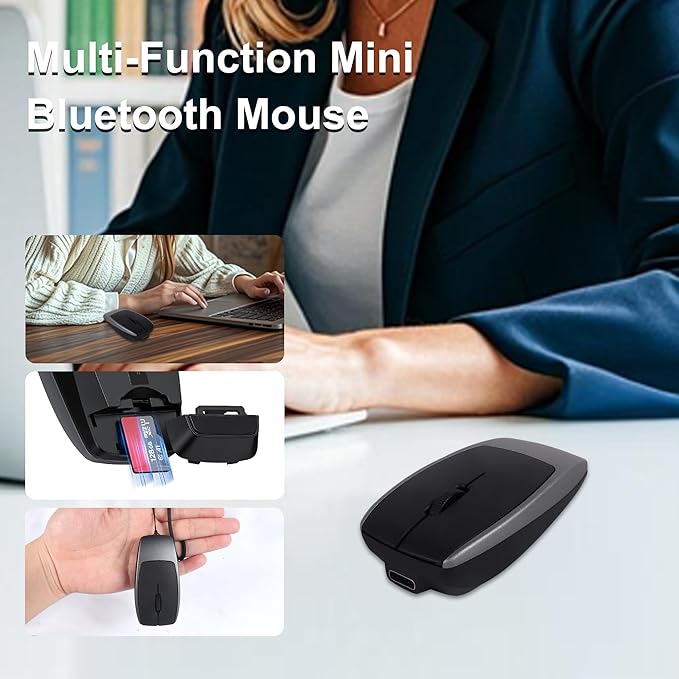 Bluetooth Mouse Rechargeable Portable Mini Computer Mice with TF Card Reader 3 Adjustable DPI Optical Lightweight Silent Wireless Mouse for Laptop Tablet Cell Phone Windows Mac OS Android iOS Grey