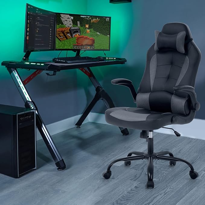 Gaming Chairs for Adults PU Leather Swivel Rolling Adjustable Game Chair with Lumbar Support Flip Up Arms Headrest for Adults Women Men Video Game Chairs Ergonomic Gaming Chair