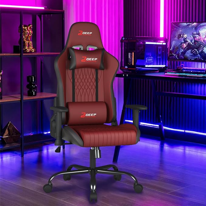 Video Game Chair Ergonomic Comfortable Gaming Office Chair Height-Adjustable with a 360° Swivel Base and Headrest(1002-Red)
