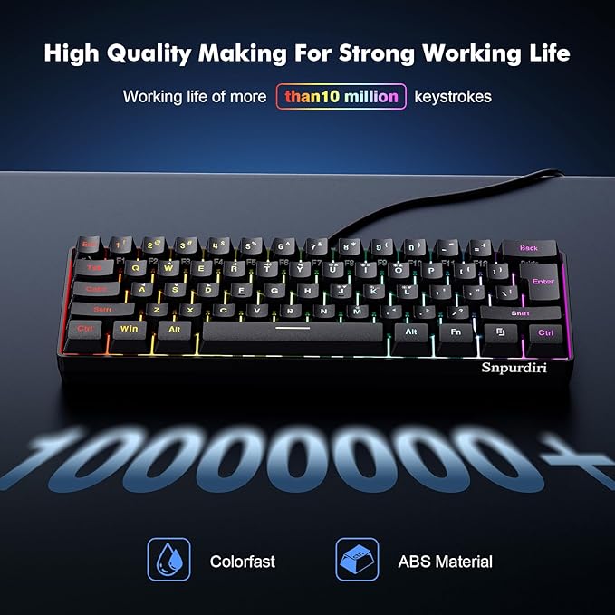 Snpurdiri 60% Wired Gaming Keyboard RGB Backlit Ultra-Compact Mini Keyboard Waterproof Small Compact 61 Keys for PC/Mac Gamer Typist Travel Easy to Carry on Business Trip(Black)