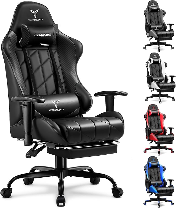 Gaming Chair with Footrest Ergonomic High-Back PU Leather Computer Chair with 3D Adjustable Armrests Headrest and Lumbar Support Office Desk Chair with Diamond Stitching for Adults &amp Teen