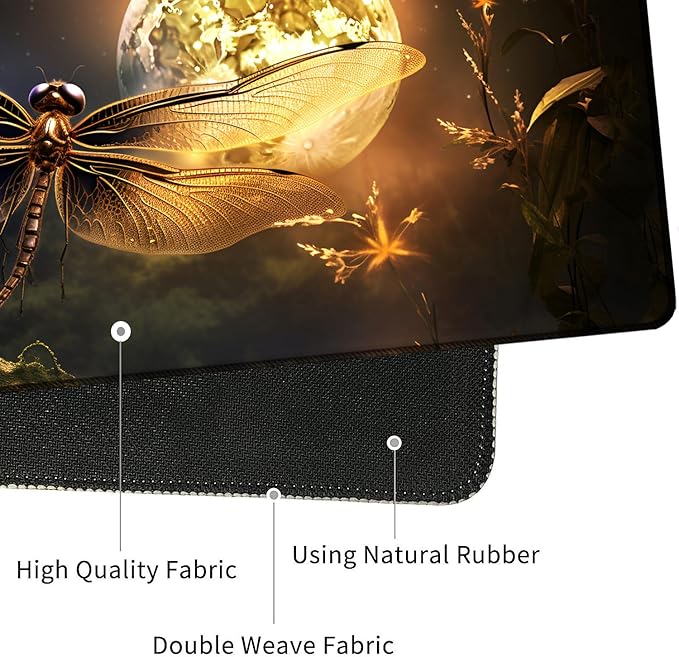 4 in 1 Mouse Pad Combo Large Gaming Mouse Pad + Keyboard Wrist Support + Mouse Wrist Rest + Coaster Table Pad 31.5 x 11.8 with Memory Foam Ergonomic Wrist Pad Set Dragonfly Under The Moon