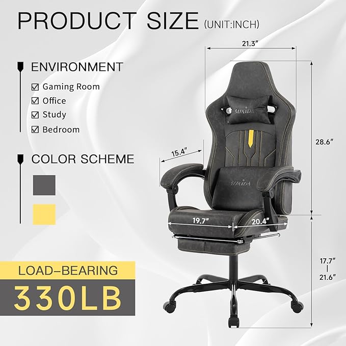 Gaming Chair with Footrest Ergonomic Computer Chair Massage Lumbar Cushion Racing Video Game Chair Adjustable Rocker Recliner Executive Office Desk Chair Pu Leather for Adults