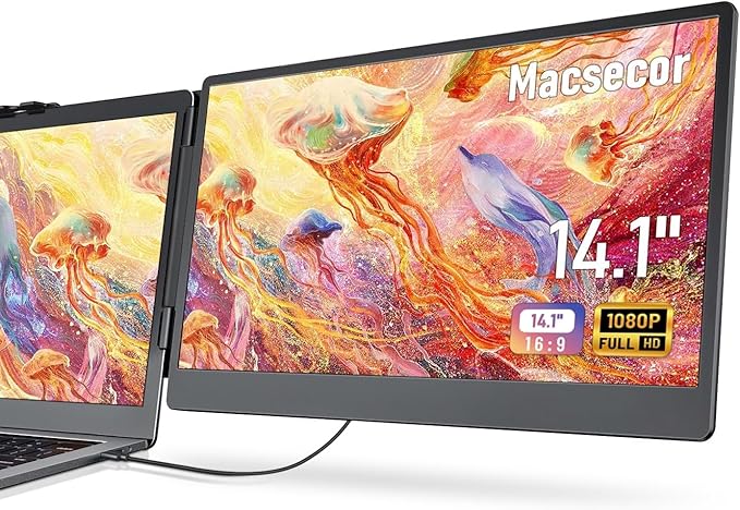 14.1'' Laptop Screen Extender 1080P FHD IPS Portable Dual Monitor for Laptop USB C HDMI Plug-Play Monitor Extender for 13''-17.3'' Laptops for Mac/Wins/Android/Switch