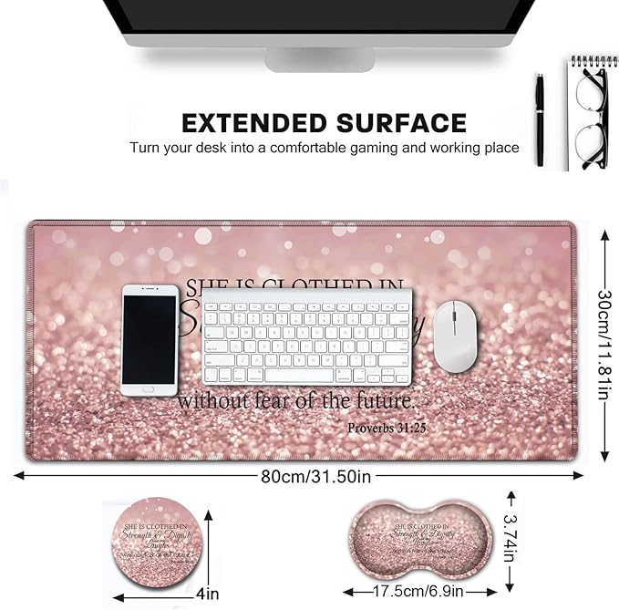 Large Gaming Mouse Pad Extended Waterproof Desk Pad Protector (31.5 x 11.8) Ergonomics Memory Foam Mouse Wrist Rest Support for Home Office Laptop Proverbs 31:25 Bible Verse XXL Pink Mouse Mat