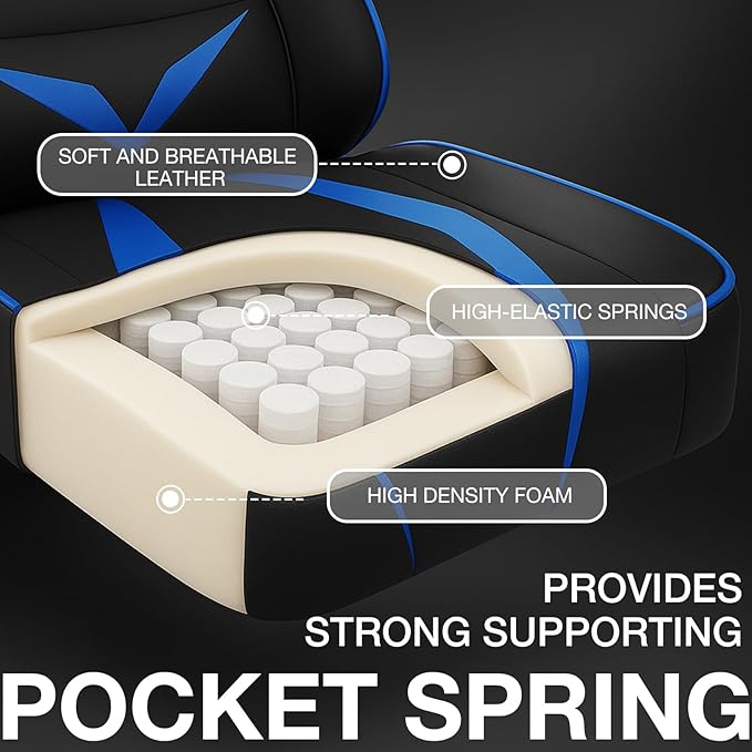 Gaming Chair with Massage Pocket Spring Cushion 155° Reclining Gaming Chair with Footrest and Adjustable Armrests Ergonomic Video Game Chairs Blue and Black