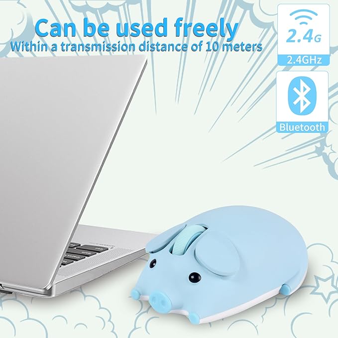 Bluetooth Mouse 2.4G Mice Cute Cartoon Pig Dual Mode (Bluetooth or 2.4 GHz Receiver) Computer Mice 1200 Silent Clicks Cordless Mouse for Laptop/Notebook/iPad/PC/Mac/Chromebook Office Home Gift(Blue)