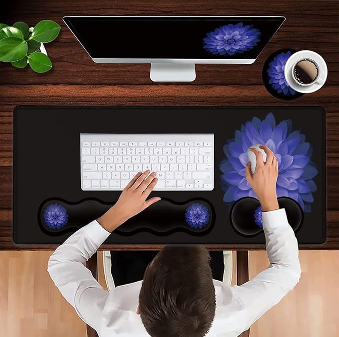 Ergonomic Mouse Pad Set Desk Mat(31.5×11.8 in) + Keyboard Wrist Rest Support + Mouse Wrist Rest + Coasters for OfficeHomeComputerLaptop -Purple Flowers Cute Black Gaming Large Mousepads XXL