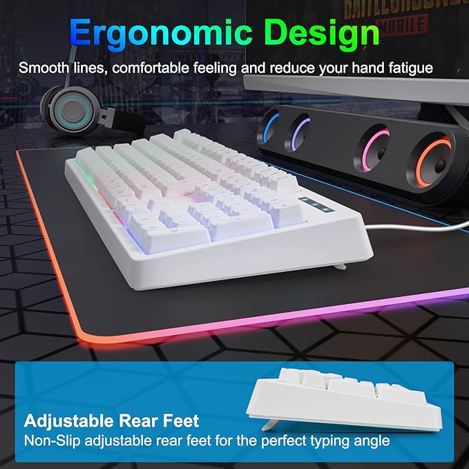 HUO JI White Gaming Keyboard USB Wired with Rainbow LED Backlit Floating Keys Mechanical Feeling Spill Resistant Ergonomic for Xbox PS Series Desktop Computer PC