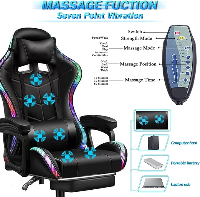 Gaming Chair for Teens or Adults Ergonomic Pro Video Game Chairs with RGB Lights and Speakers Reclining Computer Chair with Footrest High Back Massage Gamer Chair Big and Tall Office Desk Chair