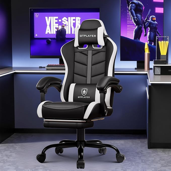 GTPLAYER Gaming Chair for Adults Ergonomic Computer Gaming Chair with Footrest Height Adjustable 90-155° Recline &amp Removable Headrest Lumbar Support White