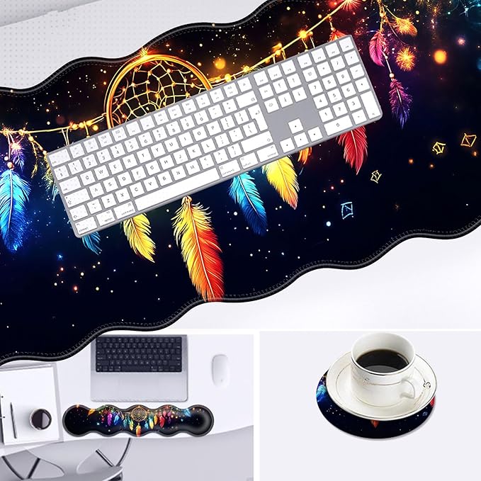 Large Mouse Pad and Keyboard Wrist Rest Desk Pad for Keyboard and Mouse 4-in-1 Large Gaming Mouse Pad with Wrist Support Desk Mat for Home Office Study Game-Colorful Dreamcatcher