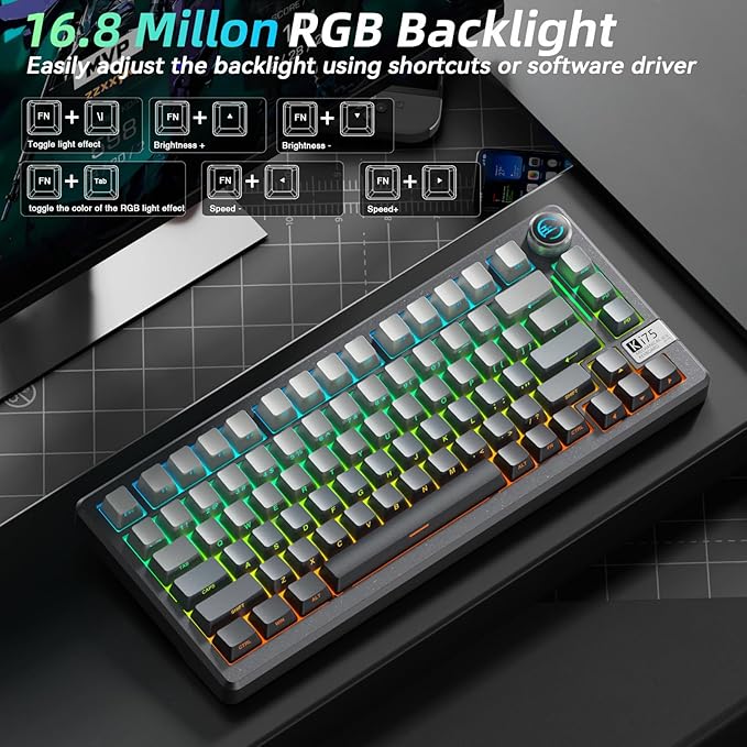 SOLAKAKA KI75 Wireless Mechanical Keyboard Aluminum Gaming Keyboard 75% Hot-swappable Side-Printed PBT Keycaps 2.4GHz/BT5.0/USB-C RGB Backlit Creamy Keyboards with Knob for PC/Laptop/Mac