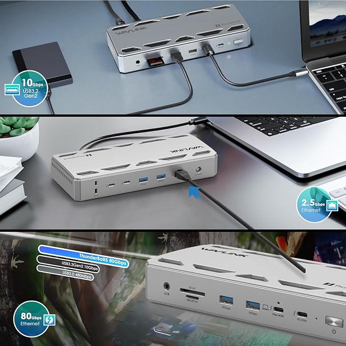 WAVLINK Intel Certified Thunderbolt 5 Dock 12-in-1 TB5 Docking Station with 120Gbps Max Transfer 140W PD 2.5G Ethernet 4X USB-A 3.2 Gen 2 SD4.0 for Windows 11/Mac OS 14.6 or Later TB5/4 Laptops