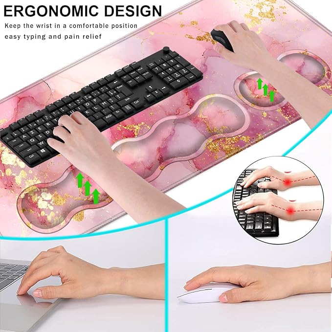 Keyboard Wrist Rest and Mouse Pad with Wrist Support Set Ergonomic CoasterMemory FoamEasy Typing Pain ReliefLarge XL Desk Mat 31.5x 11.8Pink Gold Marble