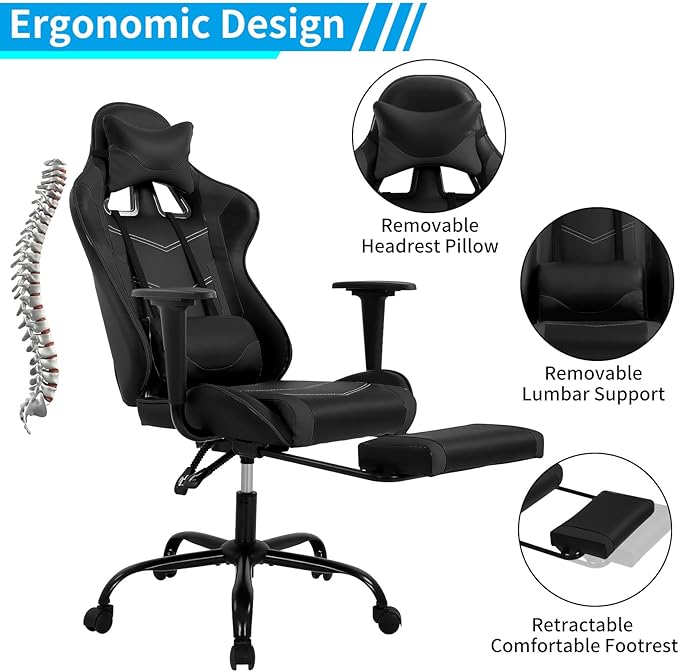 Gaming Chair with Footrest Reclining Video Game Chairs for Adults with Lumbar Support Headrest High-Back Home Office Computer Desk Chair PU Black-Black
