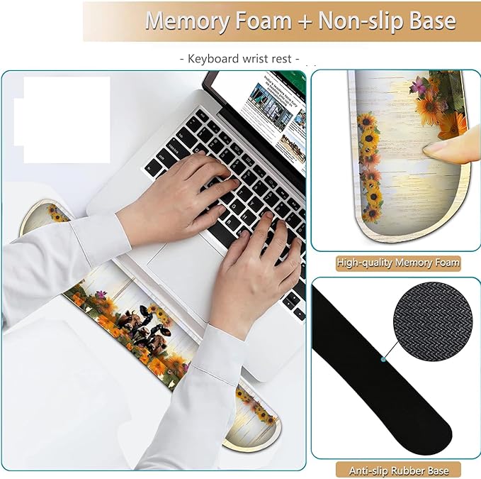 Keyboard Wrist Rest and Mouse Pad Wrist Support Set Ergonomic Gel Mouse Pad Wrist Rest with Non-Slip Base for Home Office Desk Pad Easy TypingSunflowers Cute Farmhouse Cow Pattern Gaming Mouse Mat
