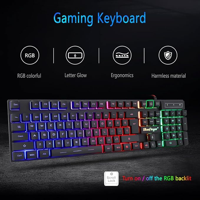 BlueFinger RGB Gaming Keyboard and Backlit Mouse Combo USB Wired LED Gaming Set for Laptop PC Computer Game and Work
